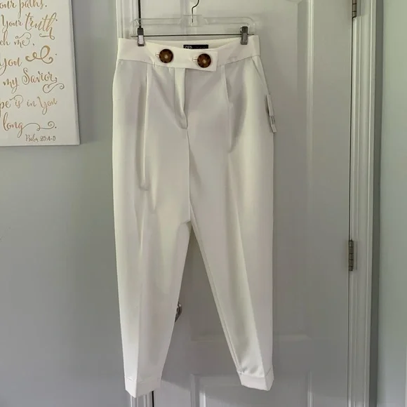 Zara | Pants & Jumpsuits | Zara White Dress Pants With Tortoise Shell  Buttons Size L High Waisted Classic | Poshmark